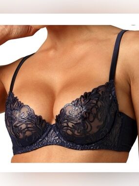 COCO DE MER  Iris dark blue Demi-cup embroidered  tulle and silk bra 34DD